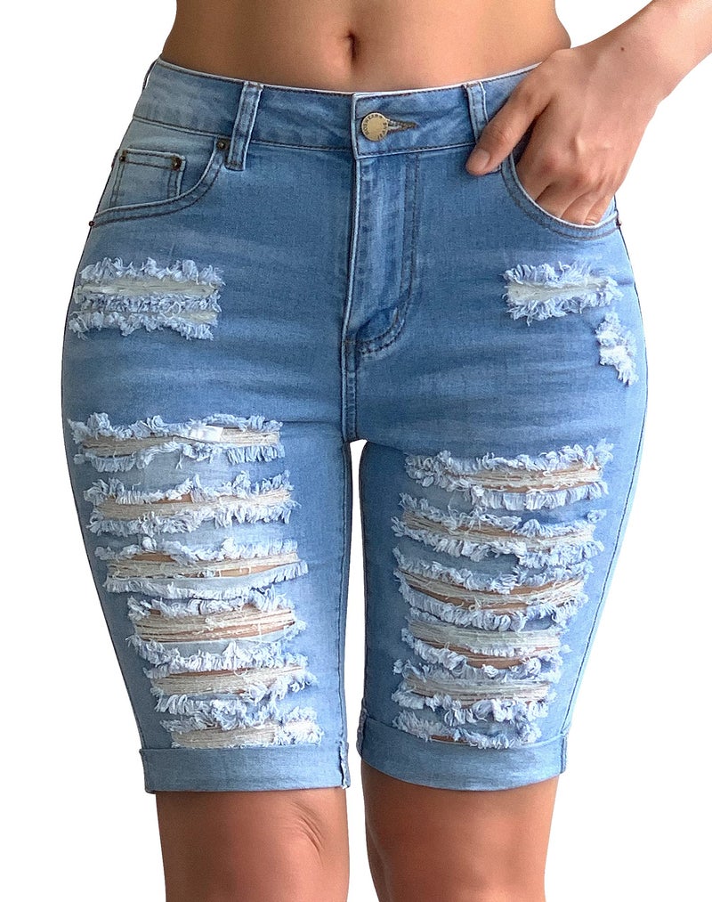 roswear Women's Distressed Ripped Mid Length Rolled Hem Shorts Jeans Blue XL - Image 1